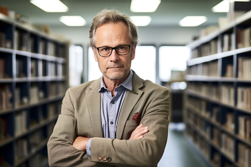 Male professor working on blurred background