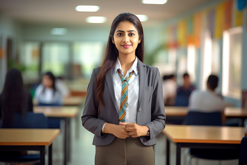 Indian female trade student working on blurred background