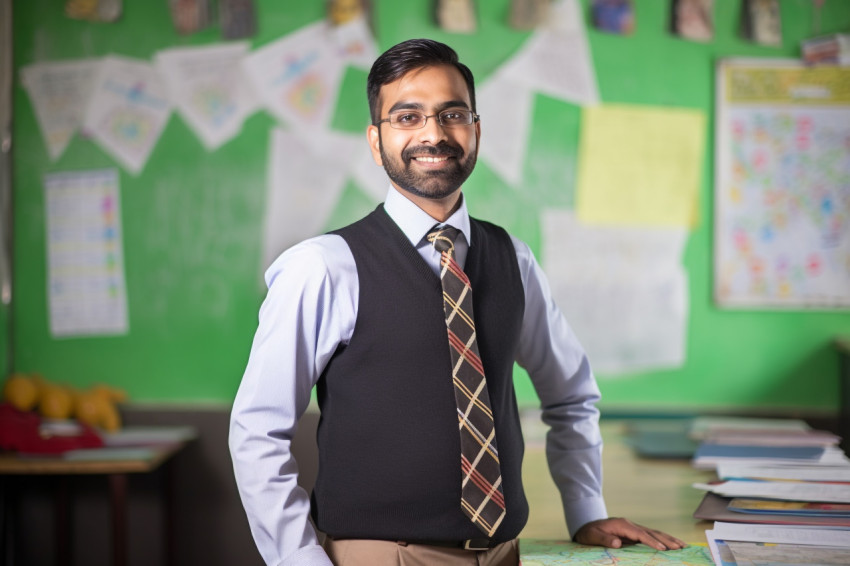 Indian elementary school teacher working confident male with blurred background