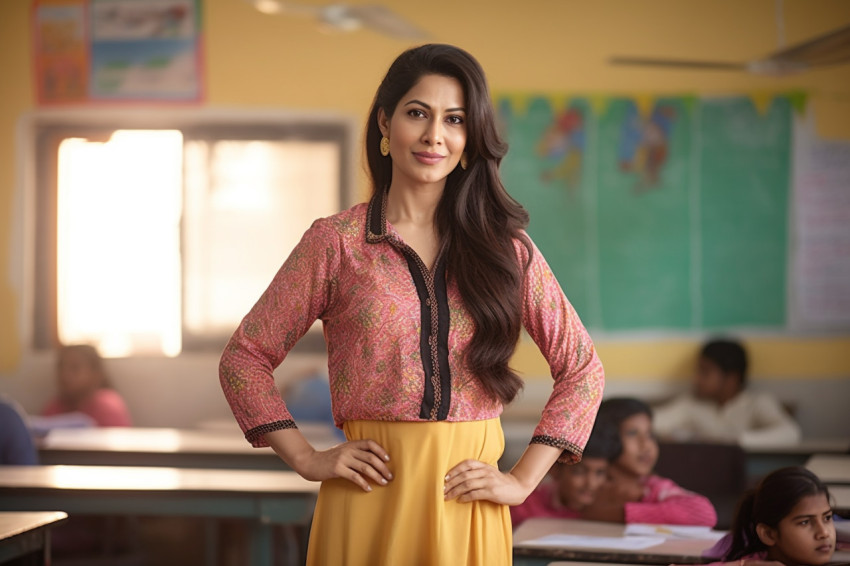 Confident Indian female teacher working on blurred background