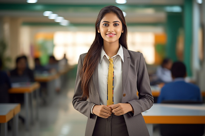 Indian female trade student working on blurred background