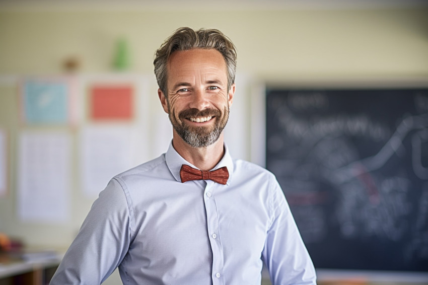 Male teacher working on blurred background