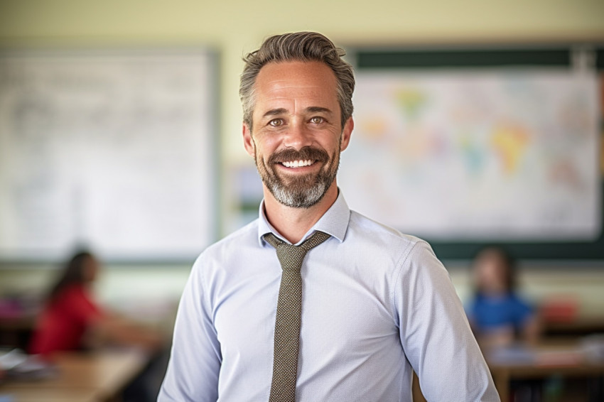 Male teacher working on blurred background