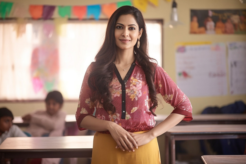 Confident Indian female teacher working on blurred background