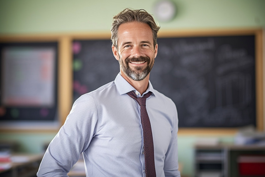 Male teacher working on blurred background