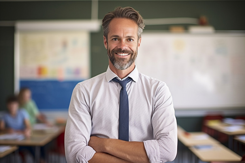 Male teacher working on blurred background