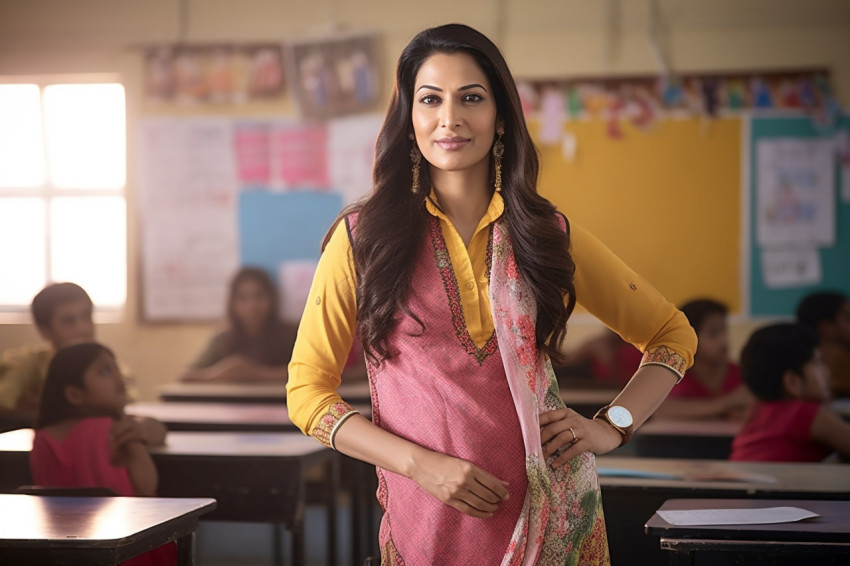 Confident Indian female teacher working on blurred background