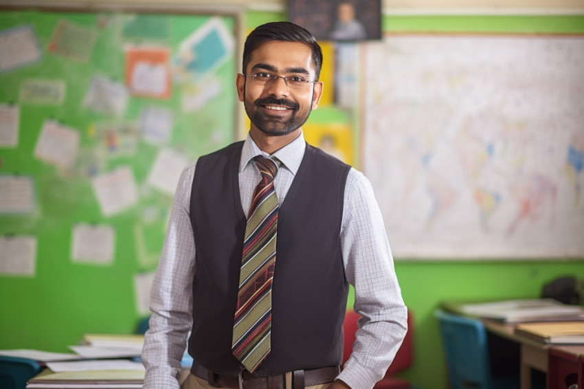 Indian elementary school teacher working confident male with blurred background