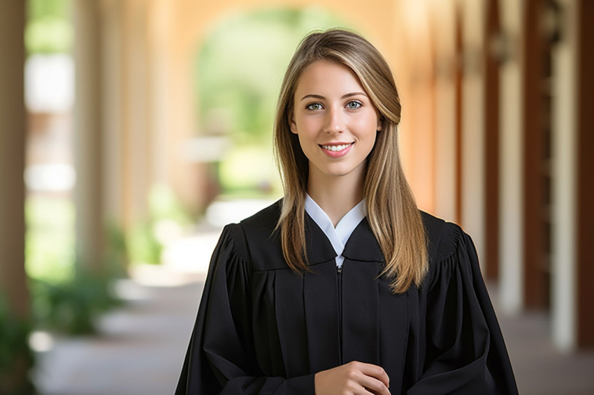 Confident female grad student working on blurred background