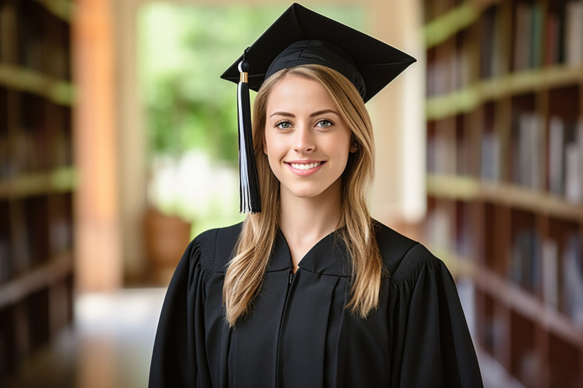 Confident female grad student working on blurred background