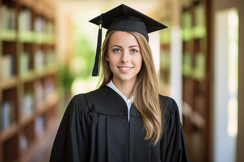 Confident female grad student working on blurred background