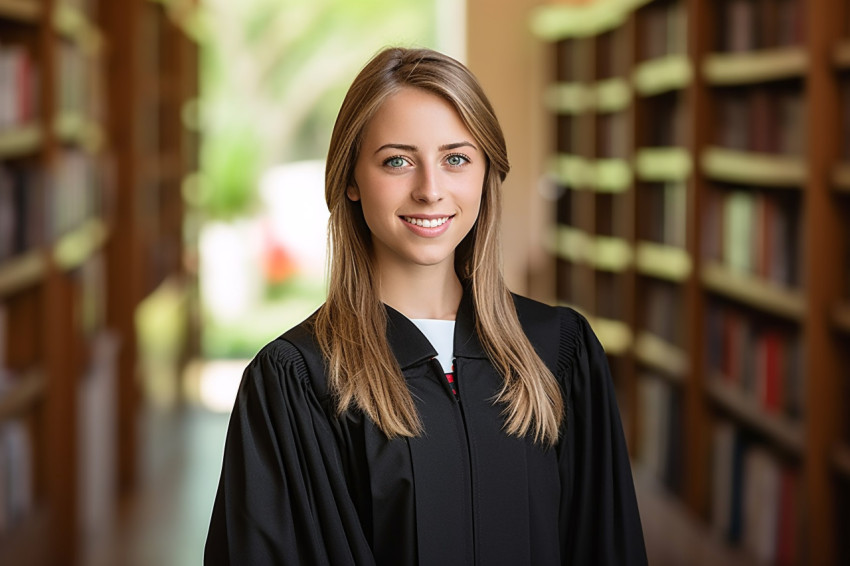 Confident female grad student working on blurred background