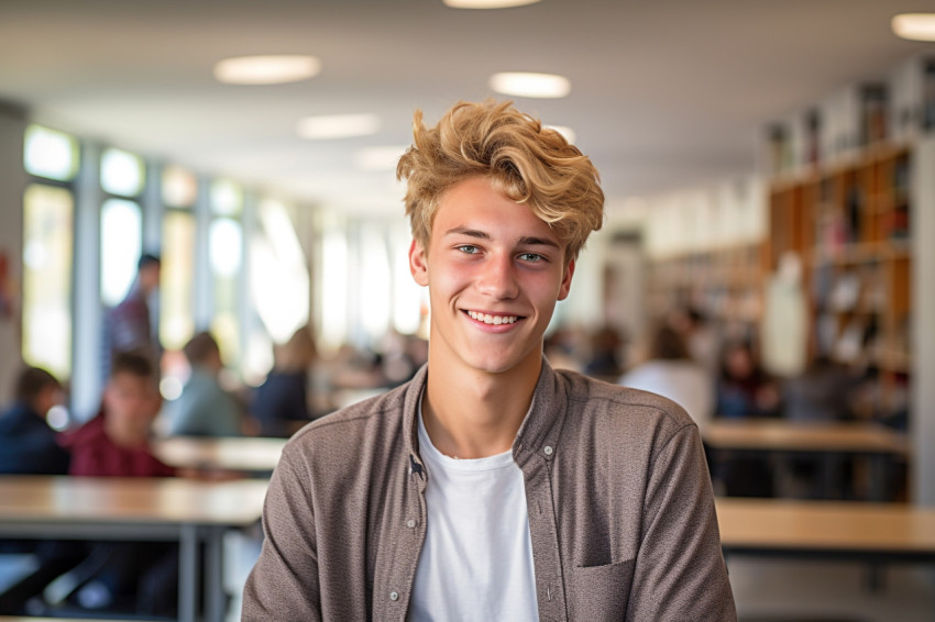 Confident high school boy working with a blurred background