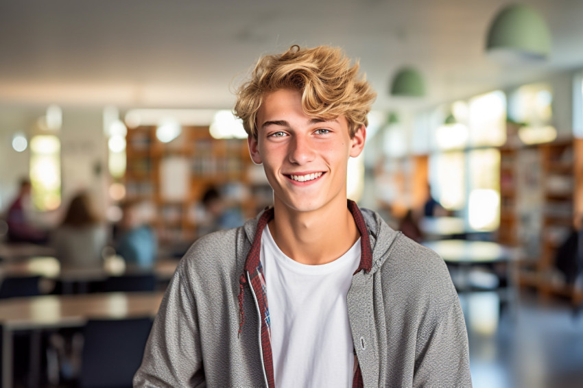 Confident high school boy working with a blurred background