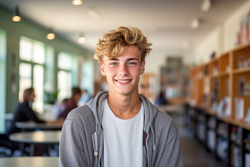 Confident high school boy working with a blurred background