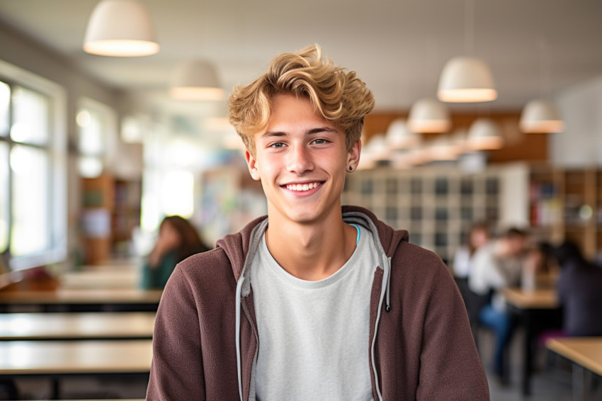 Confident high school boy working with a blurred background