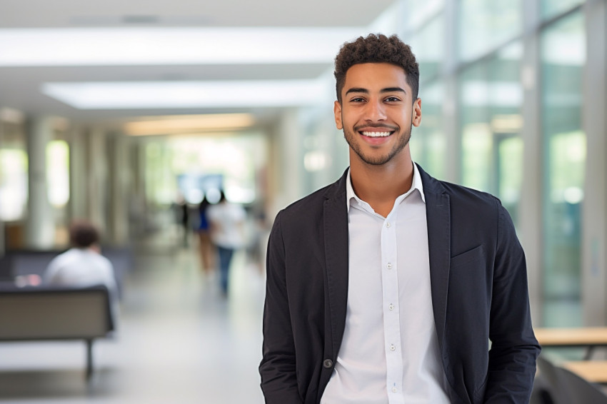 Confident international student working on blurred background