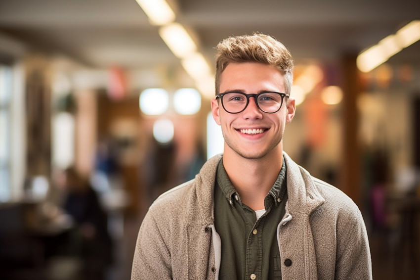 Confident male college student working on blurred background