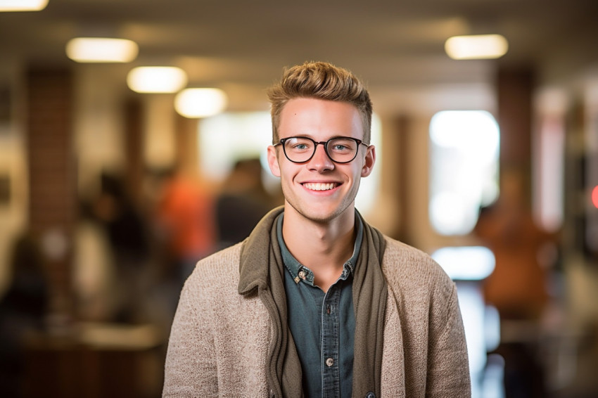 Confident male college student working on blurred background