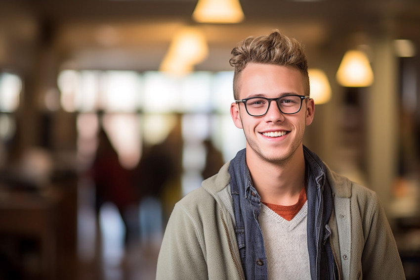 Confident male college student working on blurred background