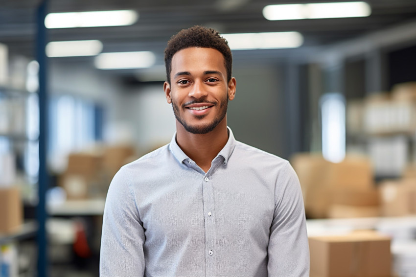 Confident international student working on blurred background