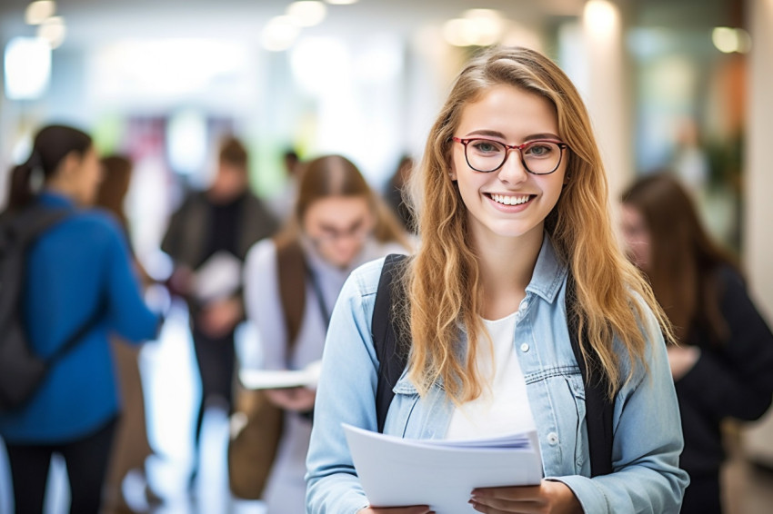 Smart college girl working on blurred background