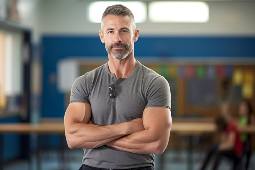 Fit male PE teacher working on blurry background