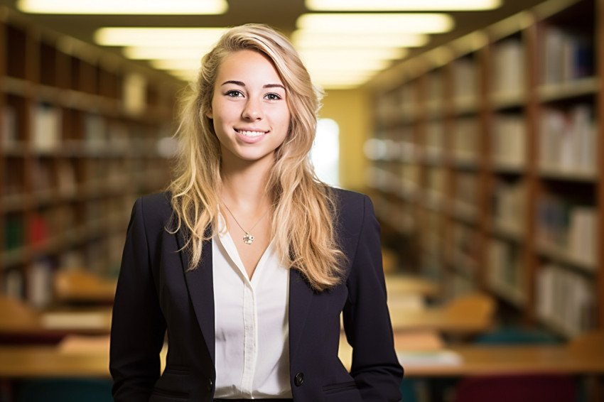 Smart college girl working on blurred background