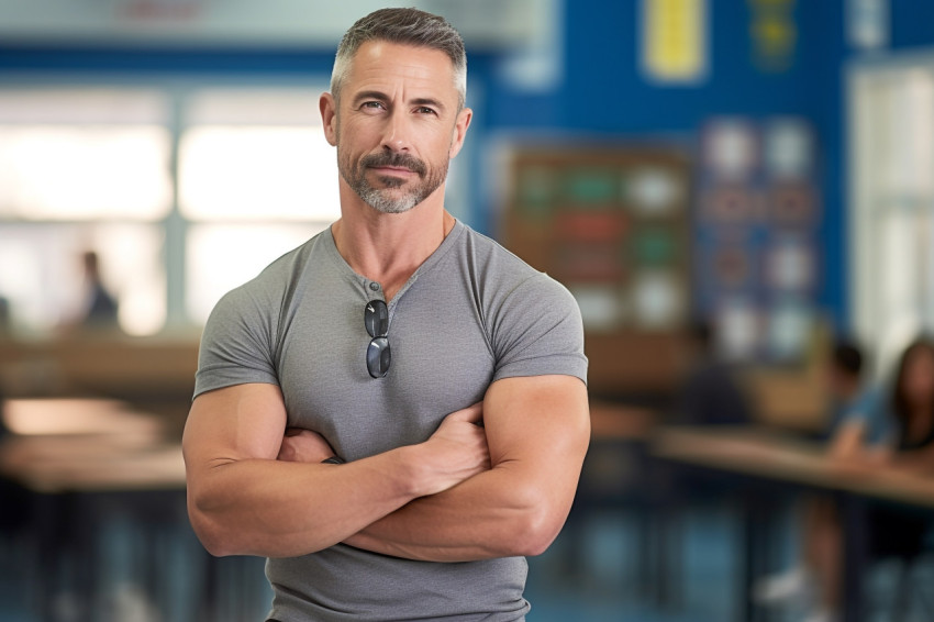 Fit male PE teacher working on blurry background