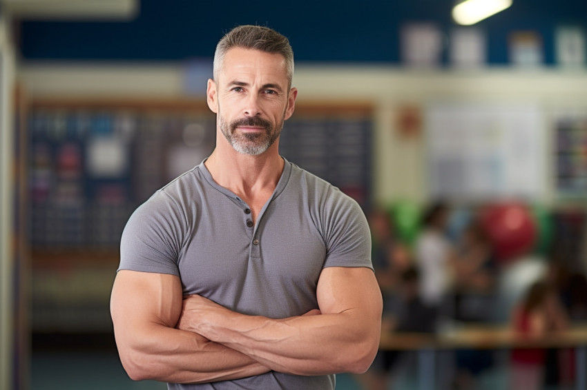 Fit male PE teacher working on blurry background