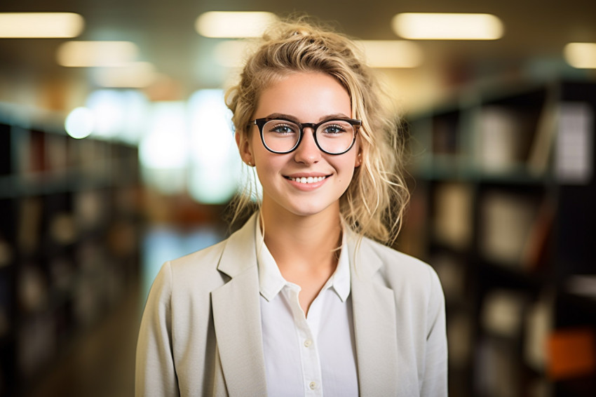 Smart college girl working on blurred background