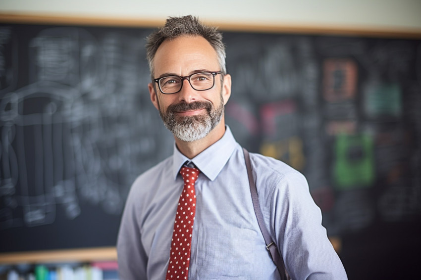 Male science teacher working confidently on blurred background