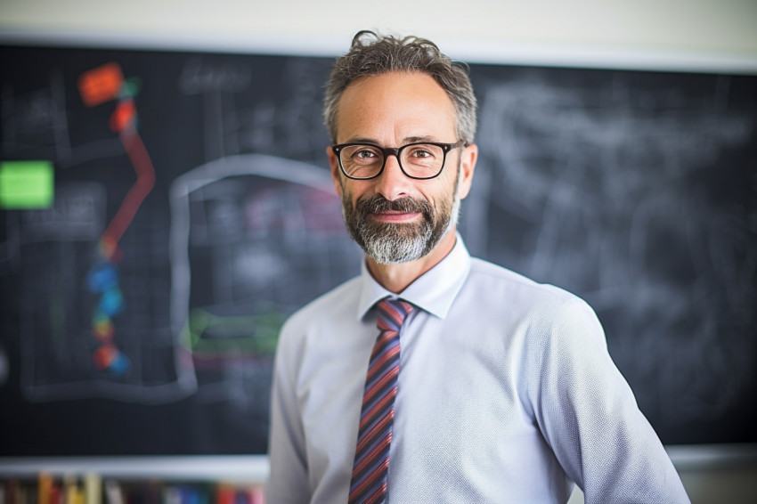 Male science teacher working confidently on blurred background