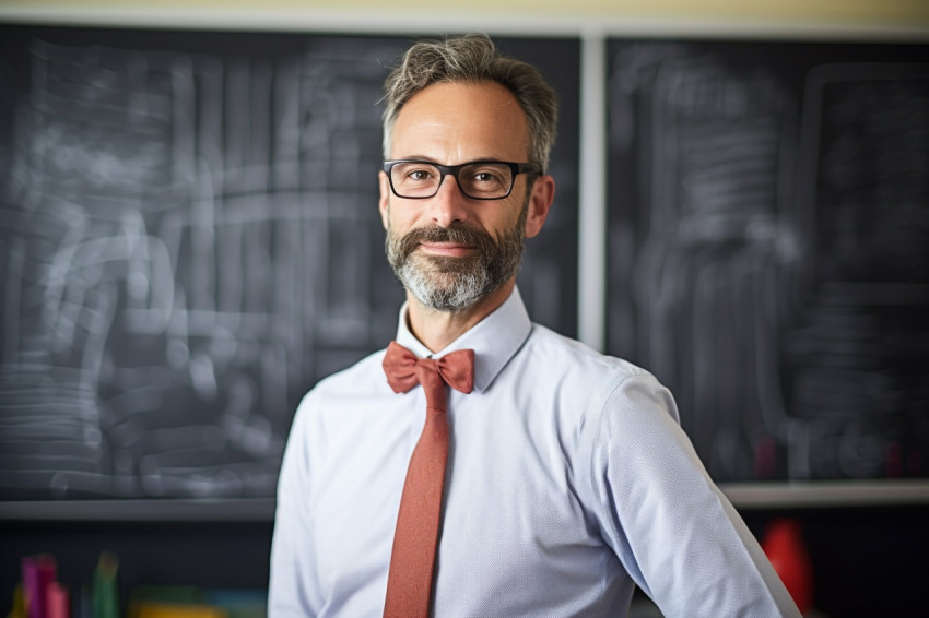 Male science teacher working confidently on blurred background