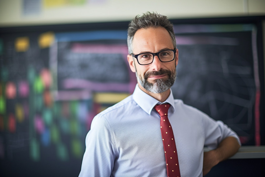 Male science teacher working confidently on blurred background