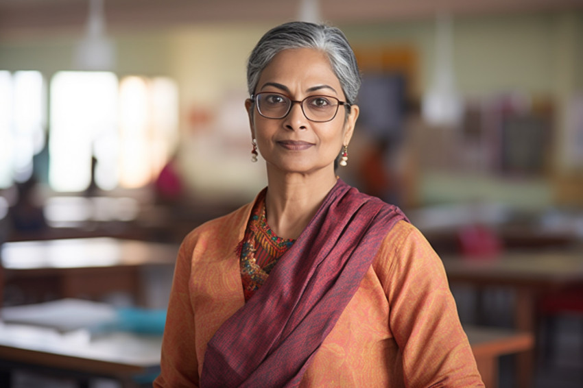 Confident Indian woman professor working on blurred background