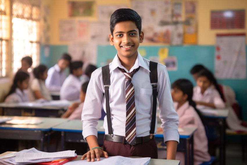 Confident Indian male student working on blurred background