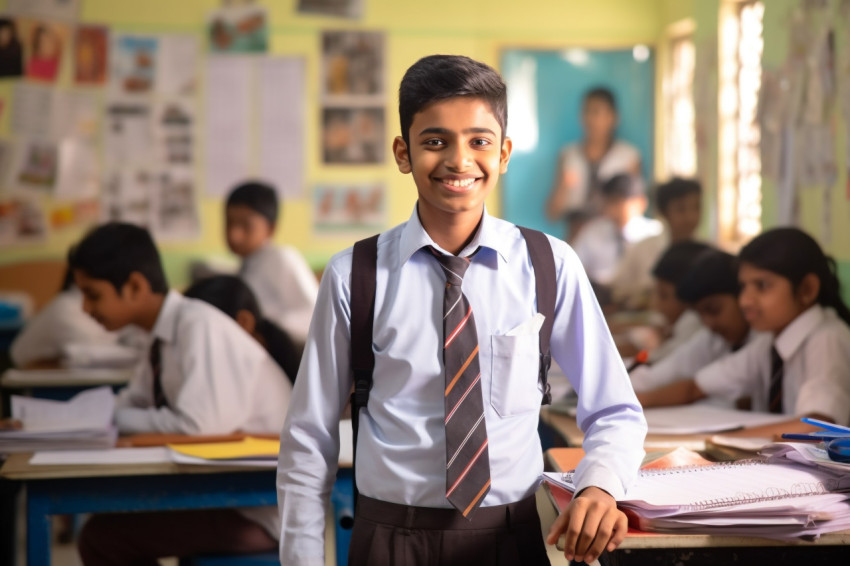 Confident Indian male student working on blurred background