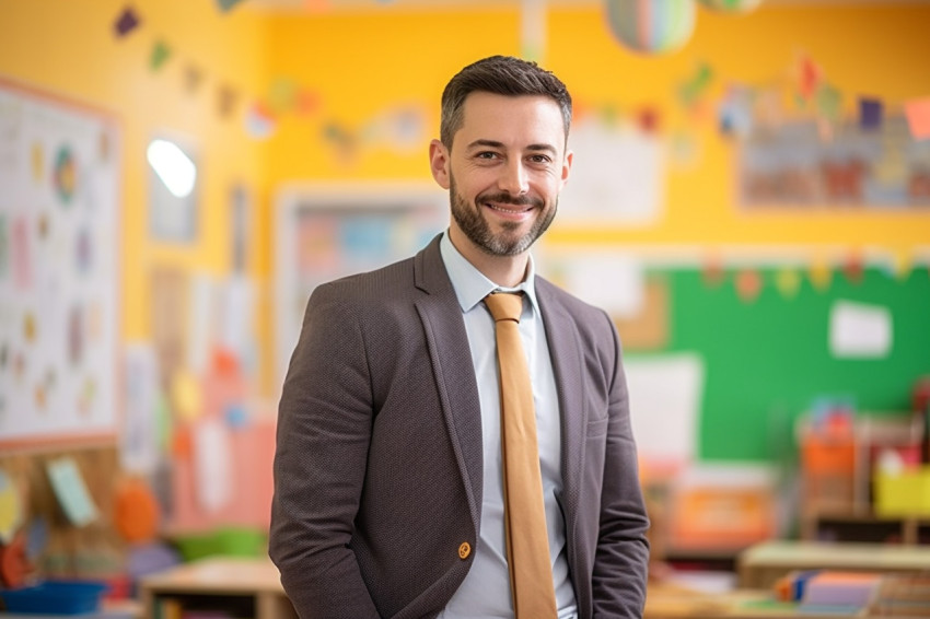 Male preschool teacher working confidently blurred background