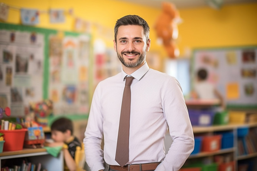 Male preschool teacher working confidently blurred background