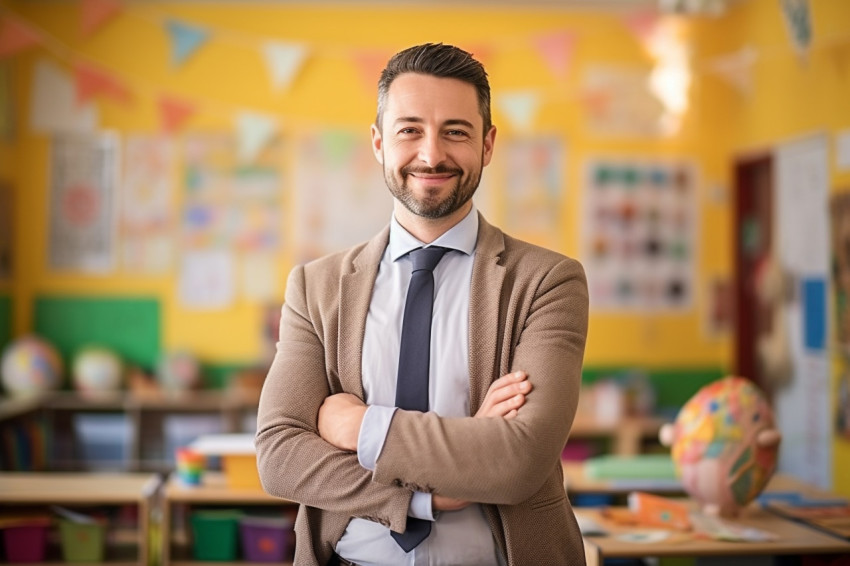 Male preschool teacher working confidently blurred background