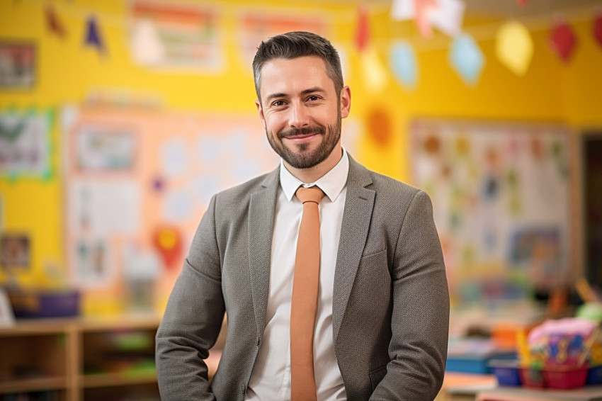 Male preschool teacher working confidently blurred background