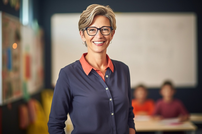 Smiling female teacher teaching on blurred background