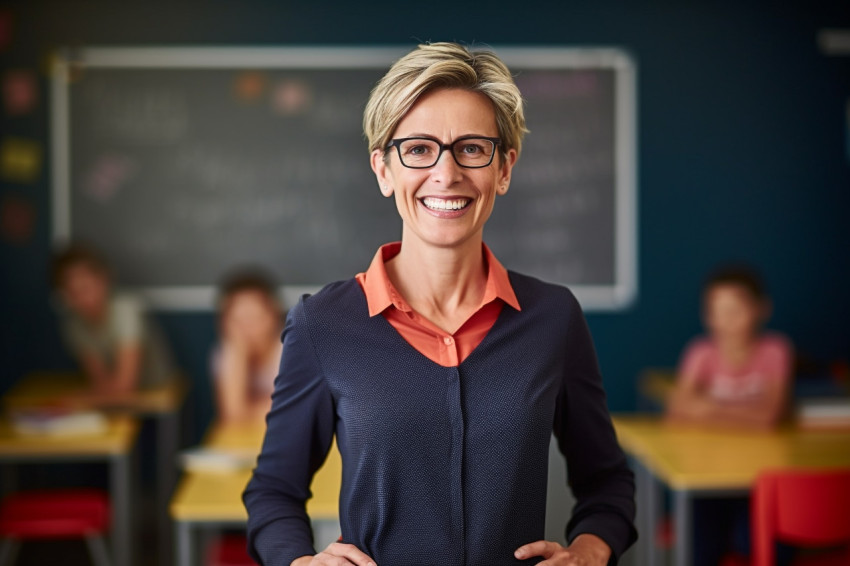 Smiling female teacher teaching on blurred background