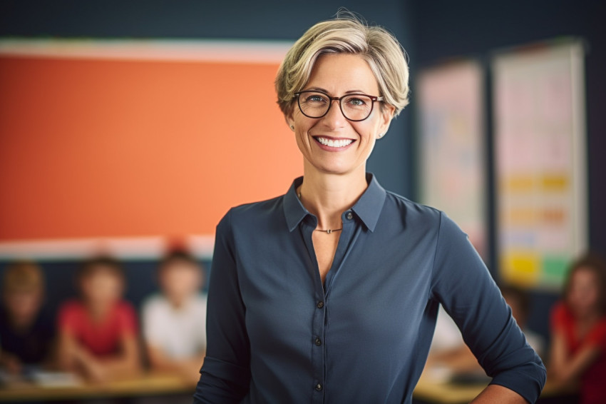 Smiling female teacher teaching on blurred background