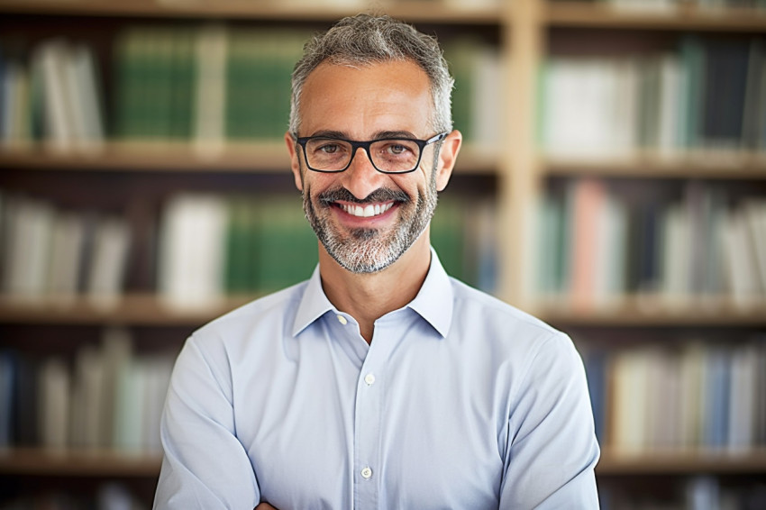 Smiling professor working in blur background