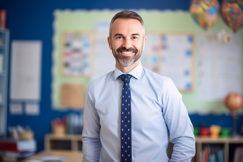 Elementary school teacher smiling at work