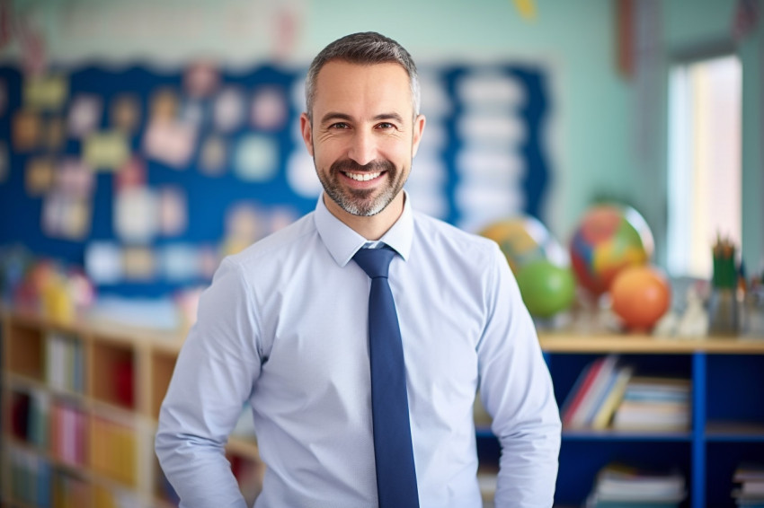 Elementary school teacher smiling at work