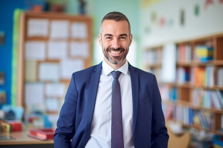 Elementary school teacher smiling at work