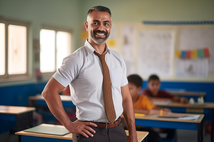 Smiling Indian male teacher working on a blurred background